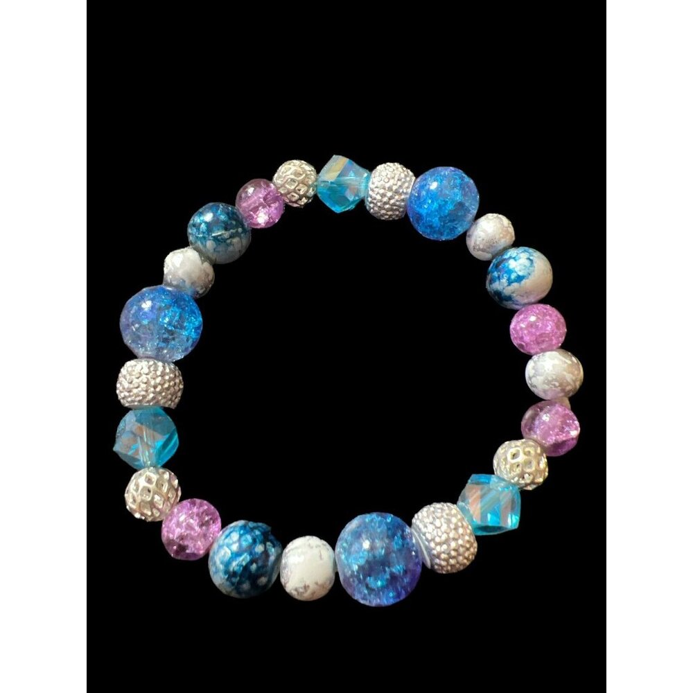 Very Pretty Purple Blue & White Stretchy Beaded Bracelet